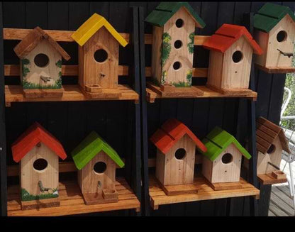 Diferentes tamaños y pintura en casas refugio para aves